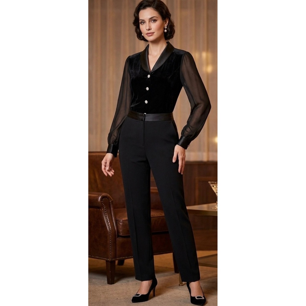 VTG Bay Studio black velvet top sheer sleeves festive holiday cocktail
M #5